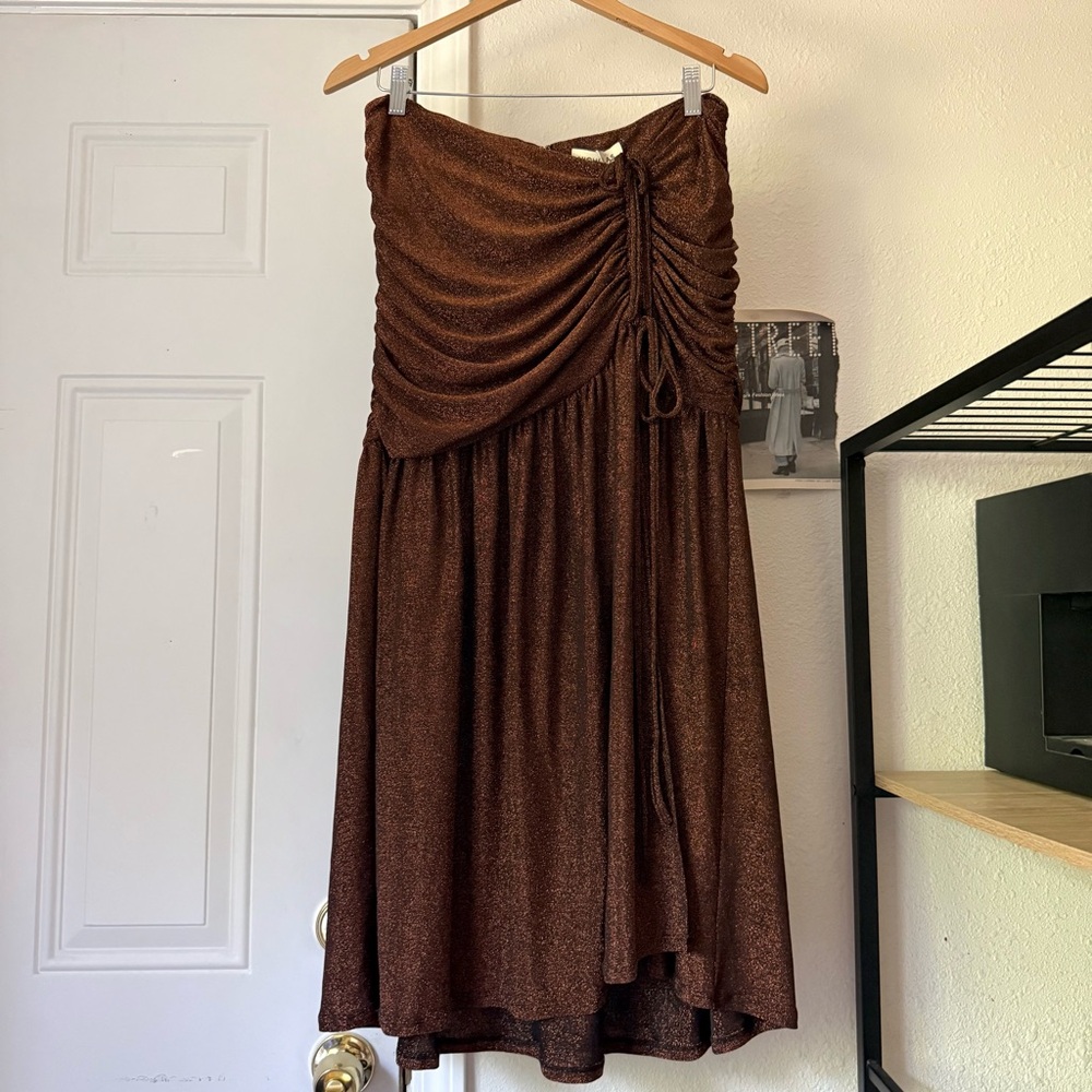 NWT NICHOLAS copper‎ metallic bronze rust brown ruched maxi skirt